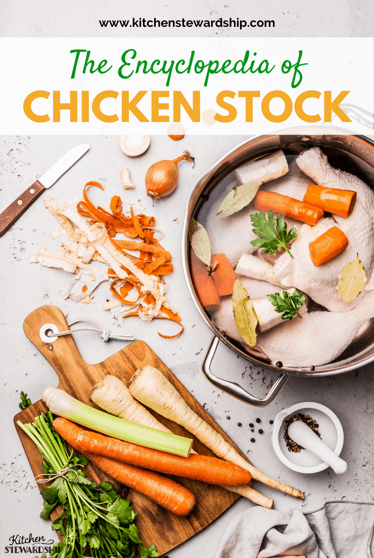 Stock pot with homemade chicken stock and ingredients on a counter top