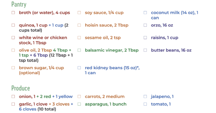 30 Minute Dinners Color Coded Shopping List
