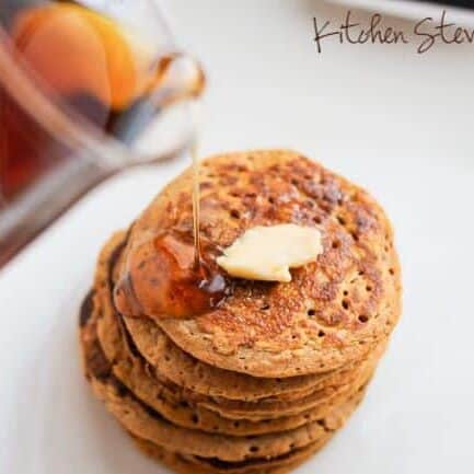 A full cup of vegetables for every 1/4 cup of grains! Now that is one healthy pancake. Use any orange vegetable (pumpkin, buttercup or butternut squash, etc) and any flour, including coconut flour, almond flour, whole wheat flour, brown rice flour, even sourdough. Eat your vegetables for breakfast!