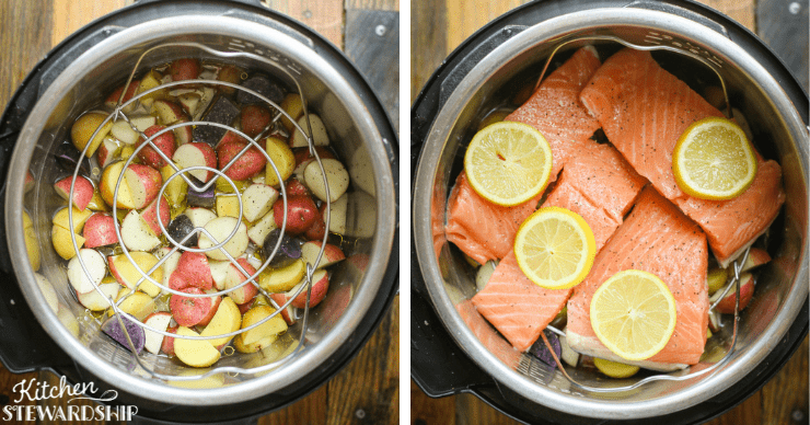 Potatoes in an Instant Pot with salmon on top