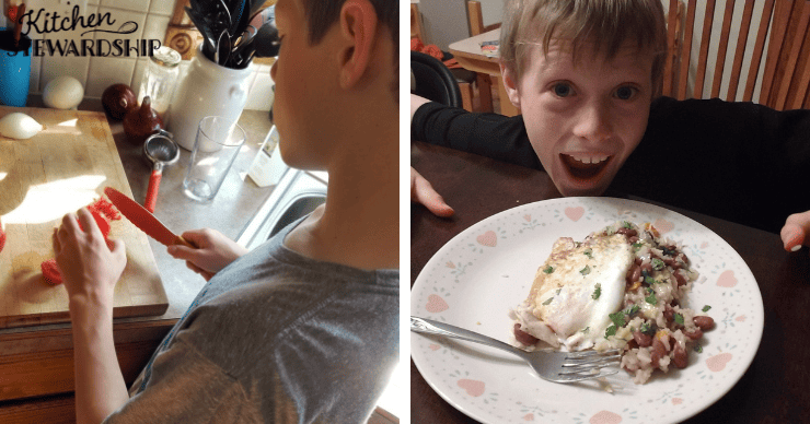 Paul chopping vegetables and eating pinto gallo.