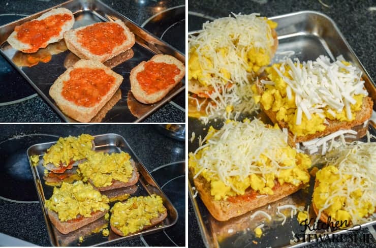 egg pizzas going in the oven