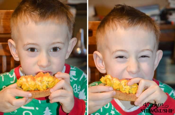 boy eating quick breakfast pizza