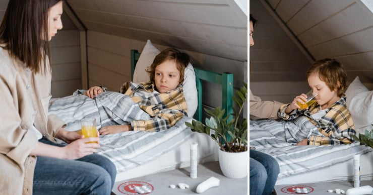 child drinking juice to rehydrate during illness